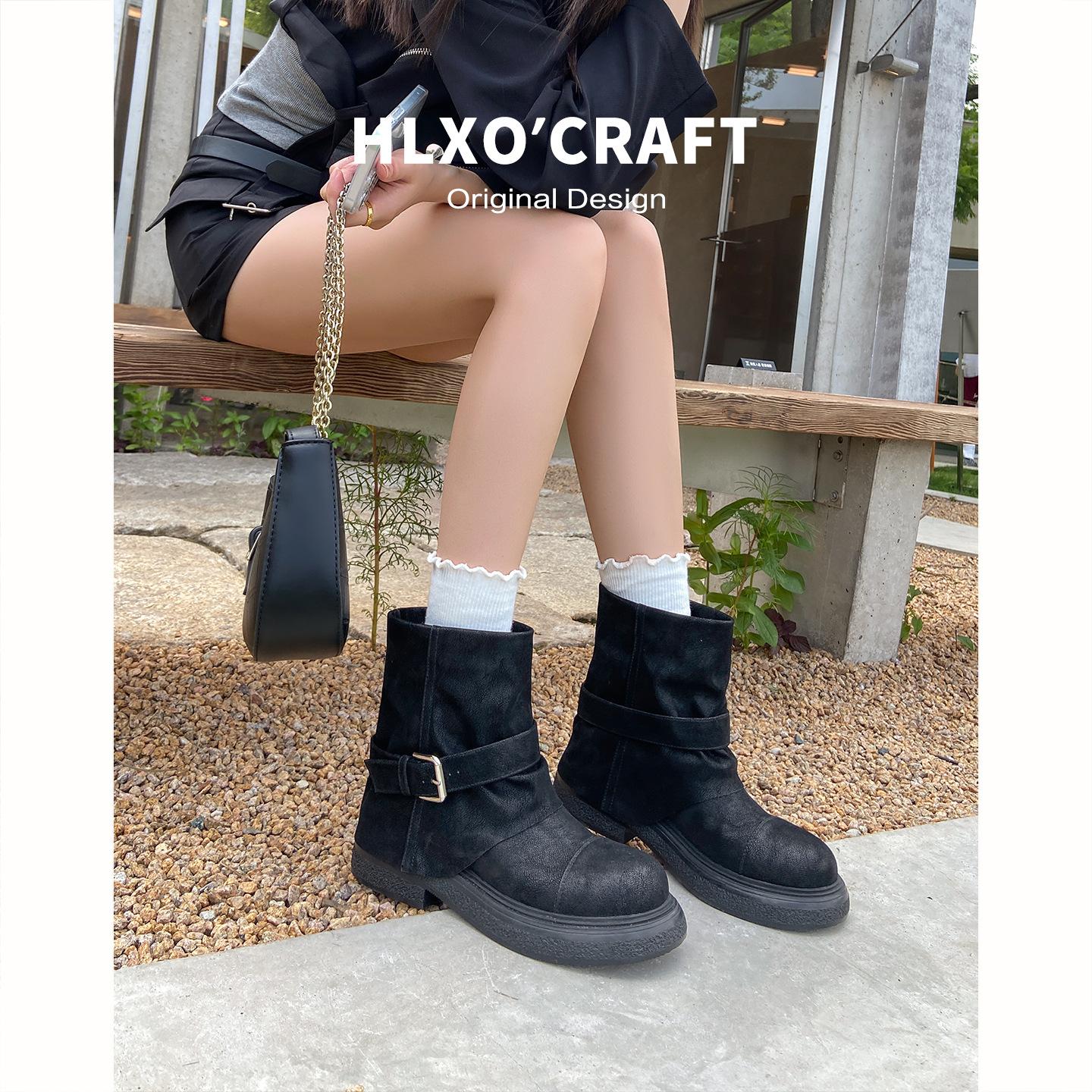 Retro thick-soled khaki Martin boots for women s autumn 2025 new versatile leather buckle with sleeve riding trousers short boots 35 5914₽