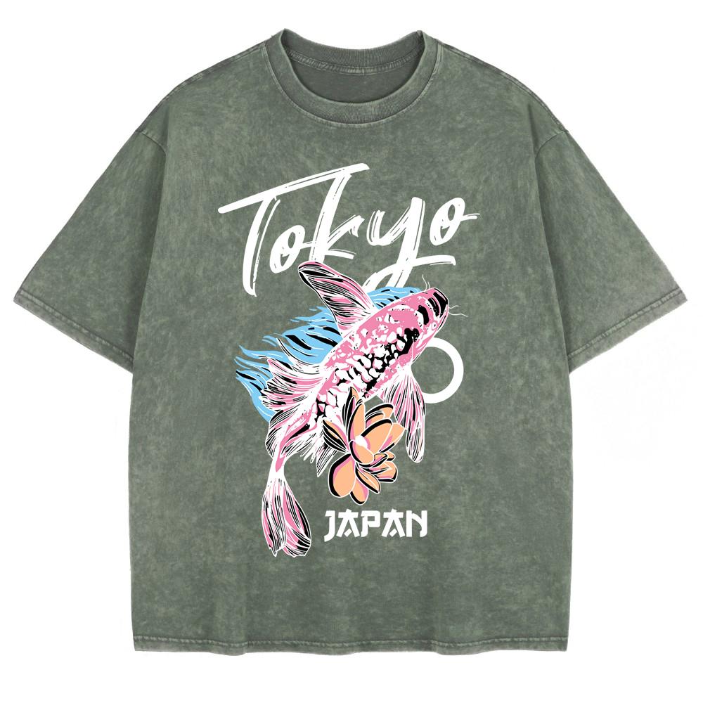 Japanese Koi Harajuku Printing Washed T-Shirts Mens Cotton Oversize T Shirt Summer O-Neck Short Sleeve Men'S Clothes