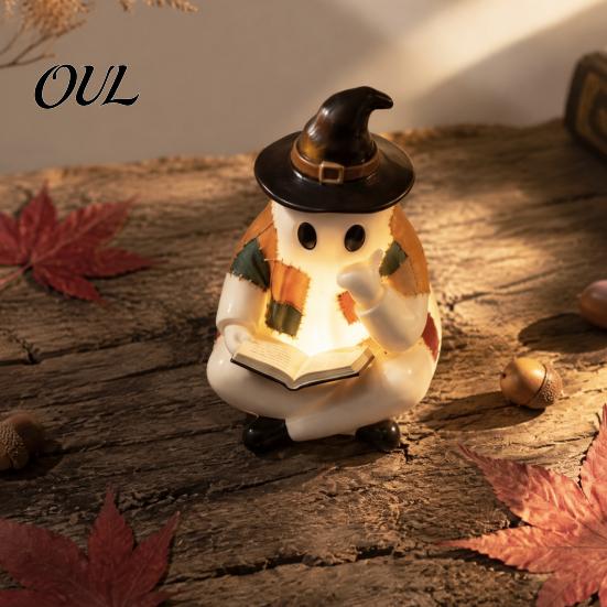 Collectibles for Halloween Party Lighted Vintage Patchwork Ghost, Ghost Reading Book Figurine, Lamp Decor, Resin Decor Cute Fall Night Light