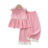 Pink Lace Bow Tank Top & Wide-Leg Pants Summer Set