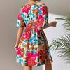 Summer Elegant Women Fashion Floral Print Cross Neck Tie Belt Dress Mature Style French Retro Patchwork Slim Sexy Elegant Women Maxi Dress