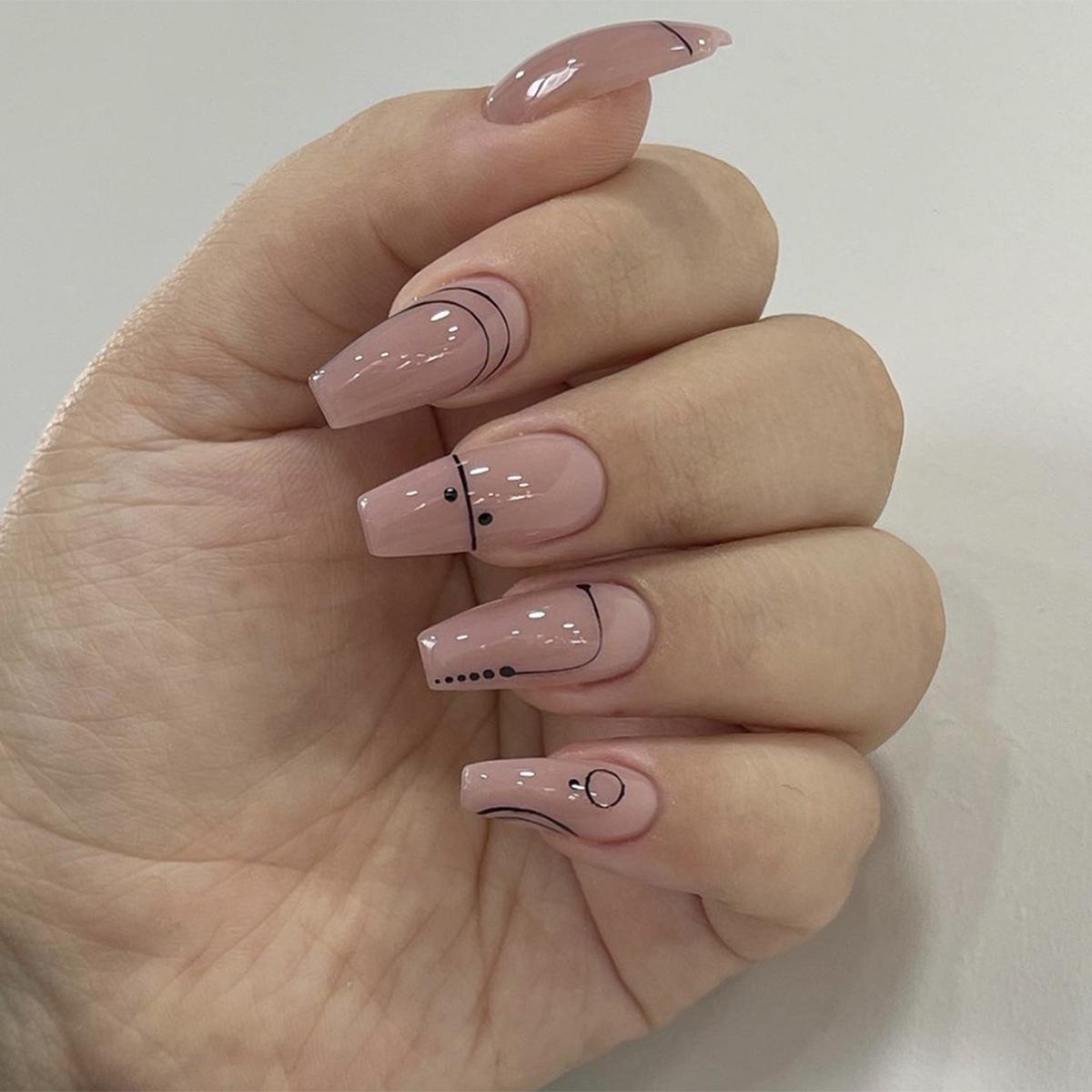 Nude & Black Polka Dots Wearable Nail Tips - Finished Manicure Set Glue Type