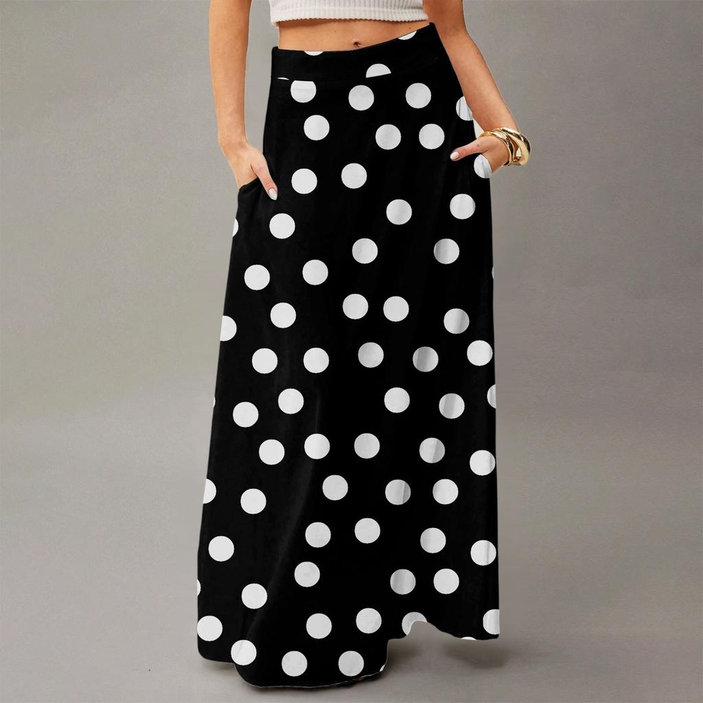 Damska Casualowa Składana Spódnica Maxi z Wysokim Stanem w Kropki z Kieszenią, Draperowana, Luźna