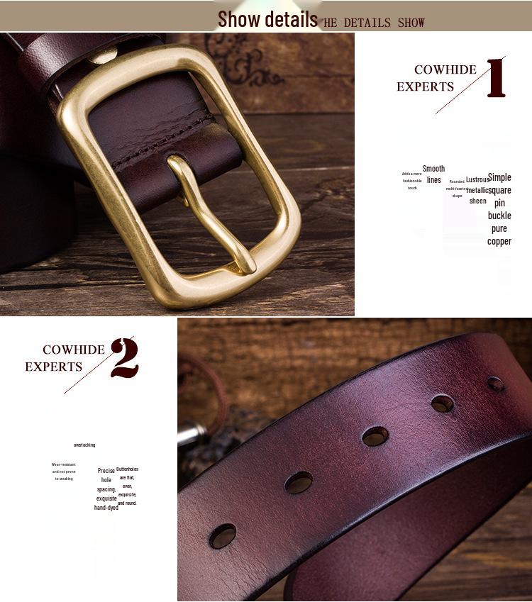 Men's Genuine Leather Pin Buckle Belt - Casual Pure Copper Cowhide Waist Accessory