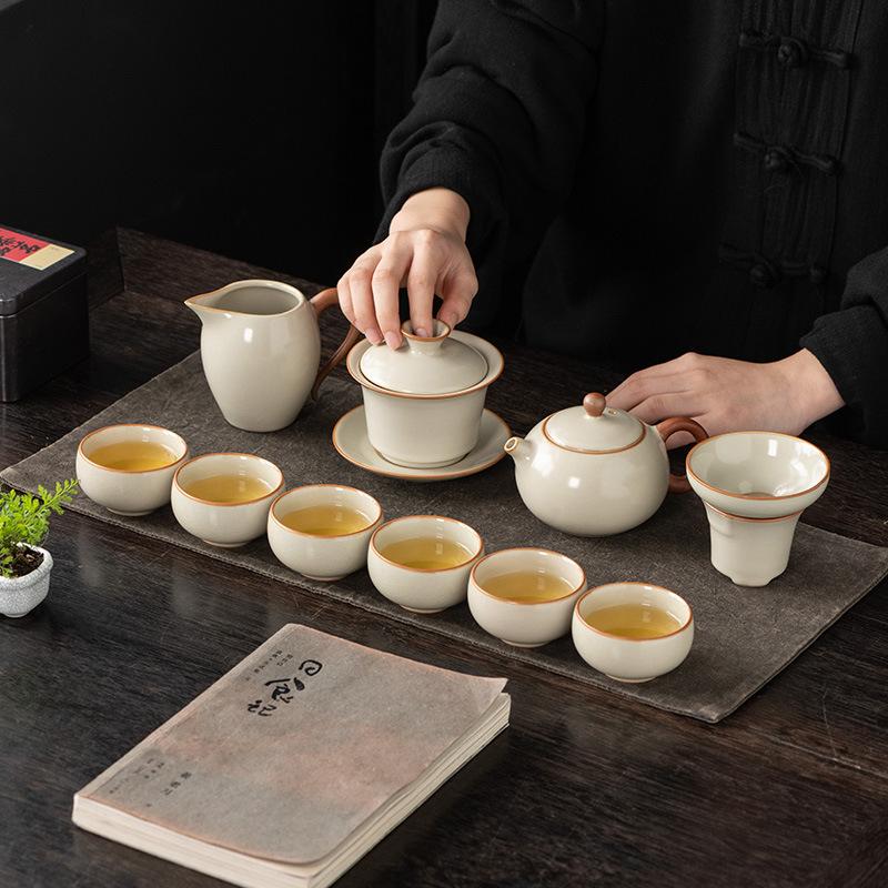 Beige Ru Kiln Kung Fu Tea Set Household Ceramic Tea Bowl Teapot Business Full Set of Gifts Tea Set
