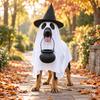 Dog Costume Set with Draped White Garment, Black Pointed Hat, Candy Bucket, and Structure Without Ties or Zippers
