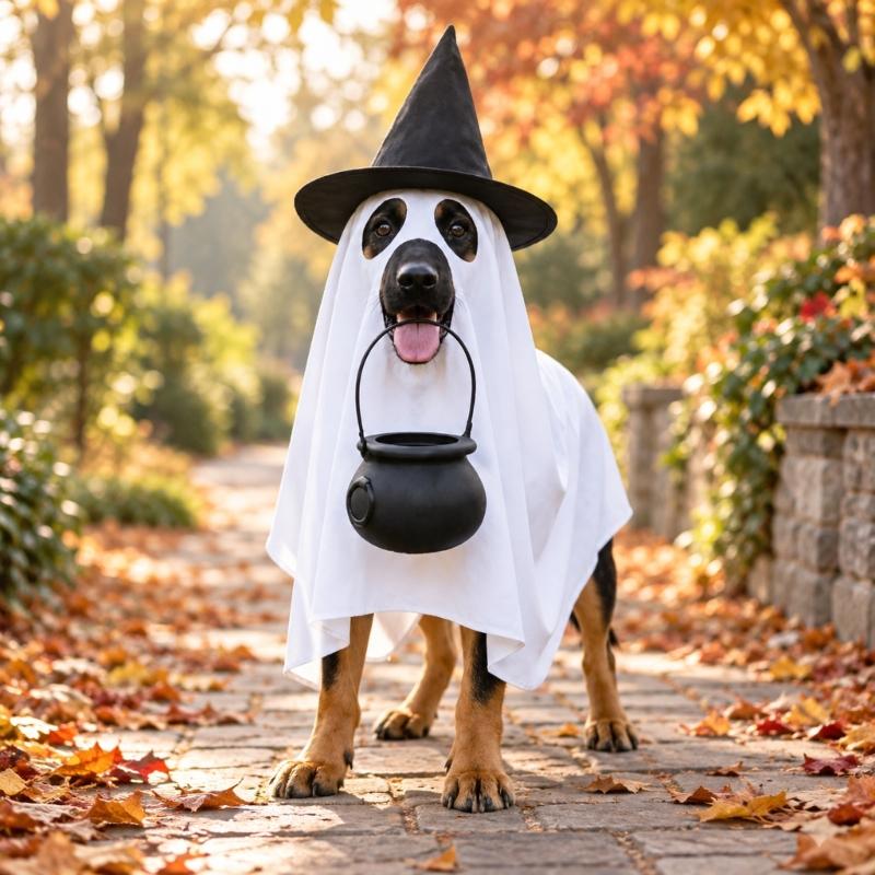 Dog Costume Set with Draped White Garment, Black Pointed Hat, Candy Bucket, and Structure Without Ties or Zippers