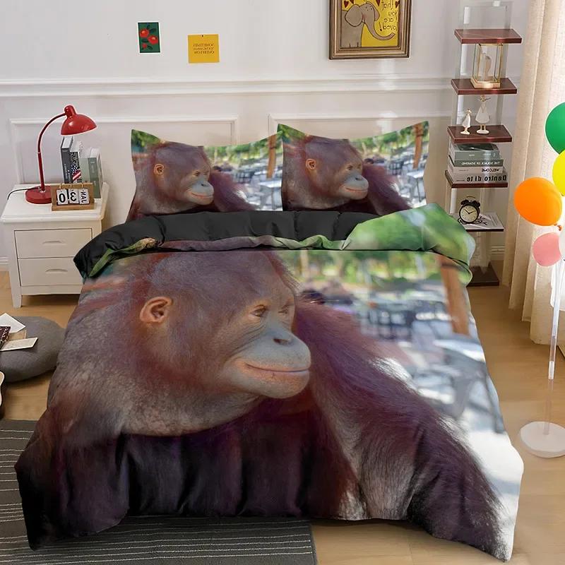 Orangutan Duvet Cover King Queen Size Cute Monkey Bedding Set Palm Leaves Tropical Botanical Polyester Comforter Cover for Adult