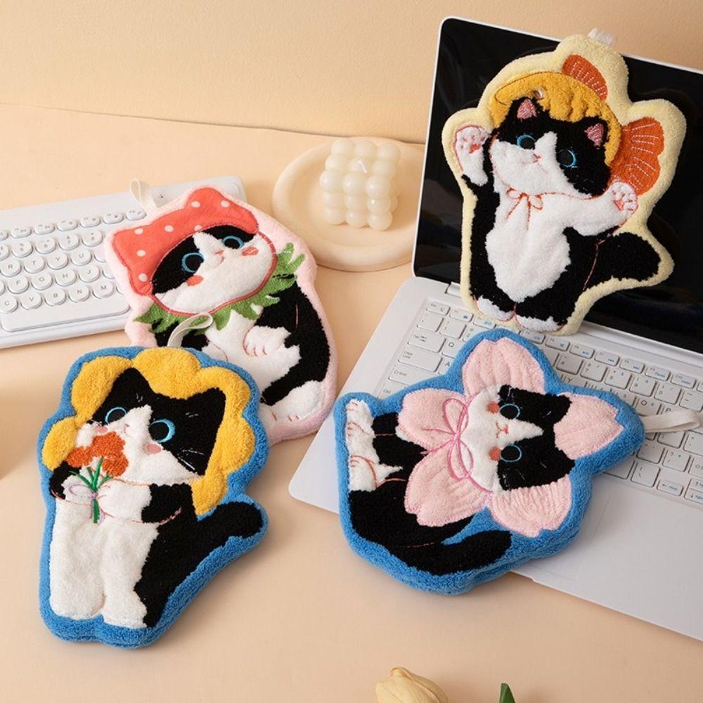 Durable Cute Cat Hand Towel Soft Coral Fleece Bathroom Kerchief Thickened Strong Water Absorption Washcloth Kitchen