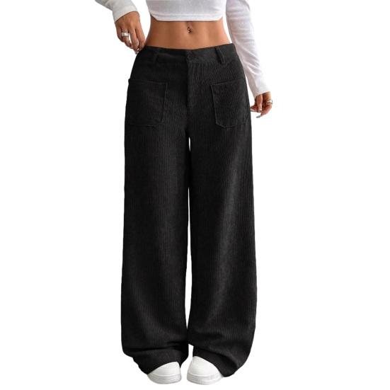 Women Pants Button Zipper Closure Straight Wide Leg Trousers with Pockets Solid Color Loose Fit Lounge Pants Daily Wear
