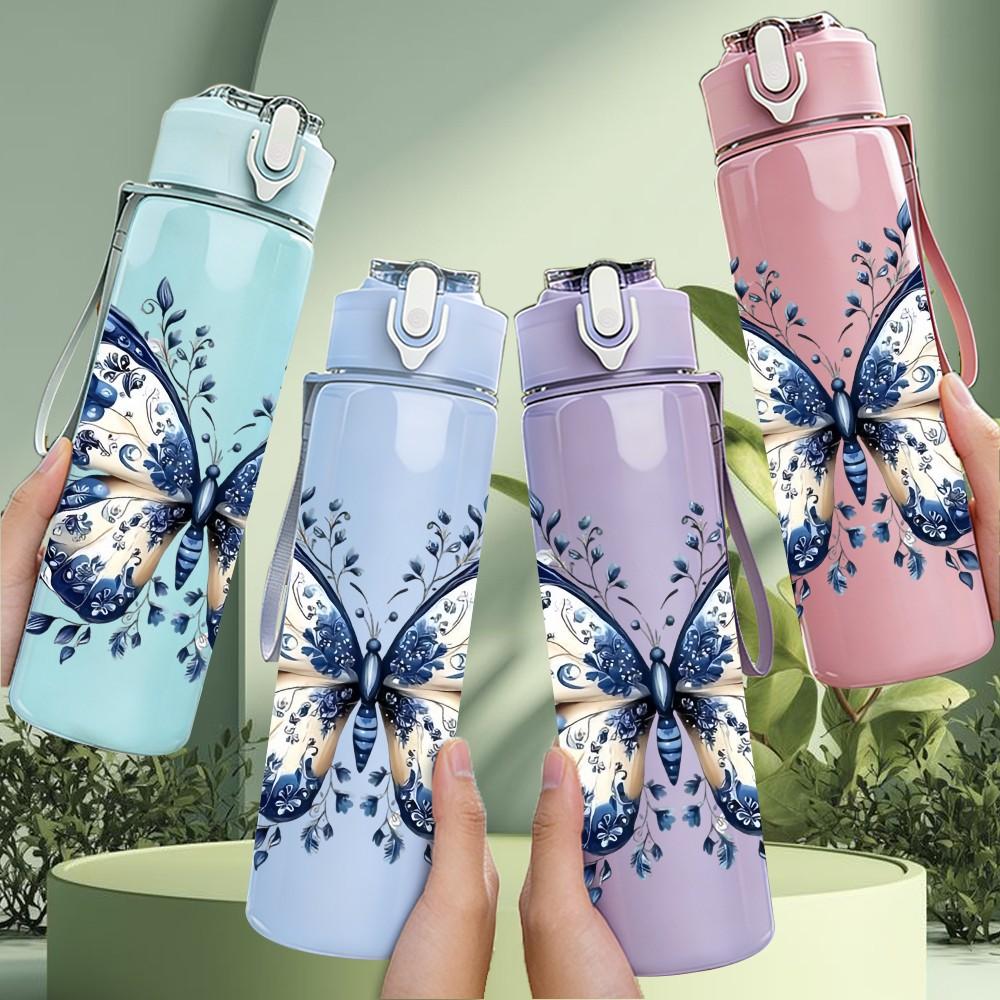 1PC Bright Blue Butterfly Pattern 750ml Color Plastic Sports Water Bottle Leakproof Flip Straw Lid Suitable for Sports Office Home Use