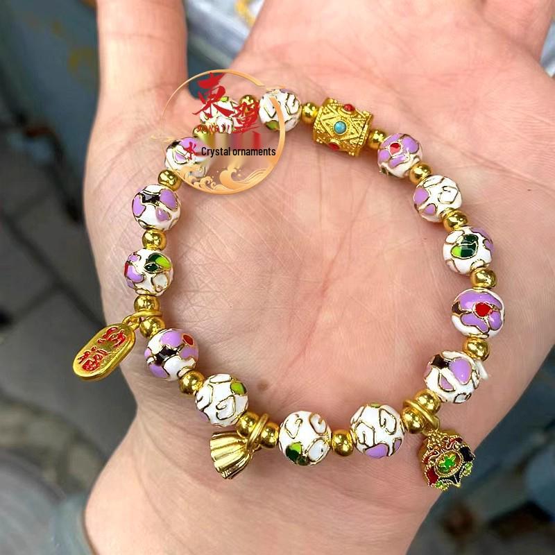 White & Color Cloisonné Enamel Lotus Pod Bracelet with Gold Foil Ash Glaze and Luck-Turning Bead - Prosperous Flowers Series