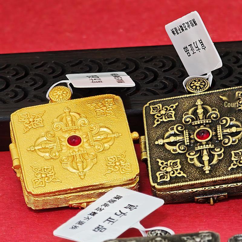 Tibetan Thangka Pendant: Gold-Plated Gahu Box with Gemstone Inlaid Brass and Tempered Glass