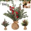 Desktop Holiday Decoration Miniature Christmas Tree with Red Berries, Artificial Mini Pine Burlap Rustic Ornament Base, Tabletop Faux Small Potted for