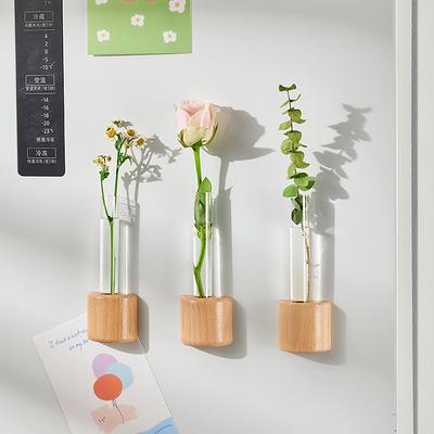 Originality Mini Magnetic Vase Cute Style Solid Wood Glass Test Tube Vase Flower Arrangement Fridge Magnet Decor Flower Vases