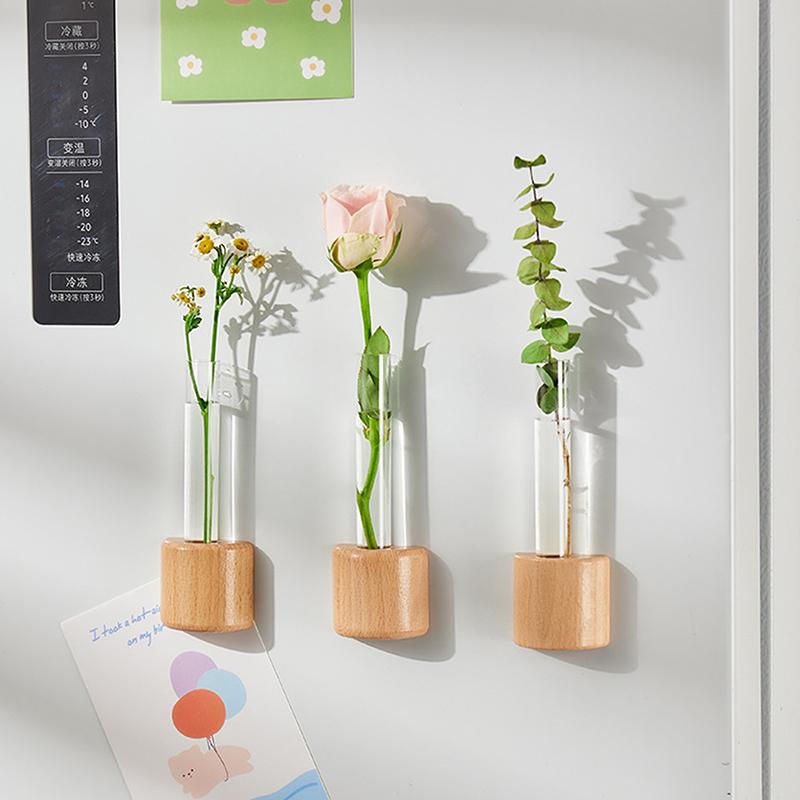 Originalita Mini Magnetická Váza Roztomilý Styl Masivní Dřevo Skleněná Zkumavka Váza Aranžování Květin Magnet na Lednici Dekor Květinové Vázy