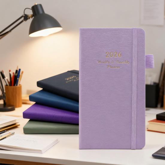 2026 Pocket Planner with Elastic Strap Pen Loop Ribbon Bookmark Weekly Monthly Academic Planner 12 Months Schedule Management Hardcover Notebook