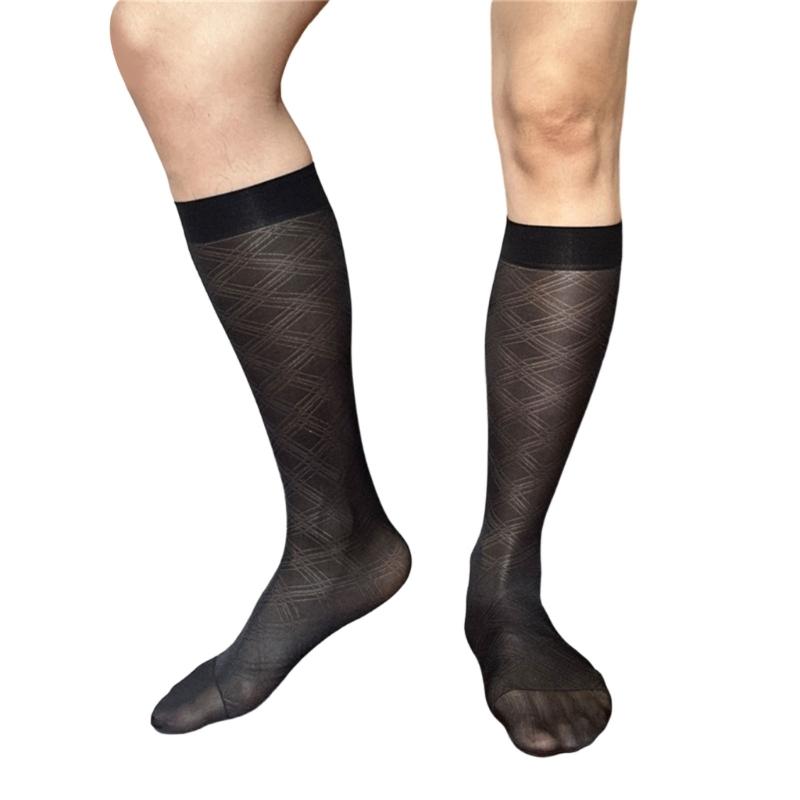 Men's Breathable Nylon Thin Dress Socks with Argyle Pattern Design Middle Calf Business Formal Socks Hosiery Gift