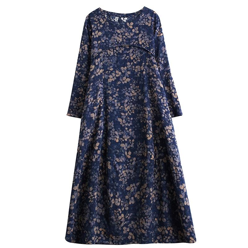 Langermet Plussstørrelse Bomull vintage blomstret ny i kjoler for kvinner avslappet løs vår høst kjole