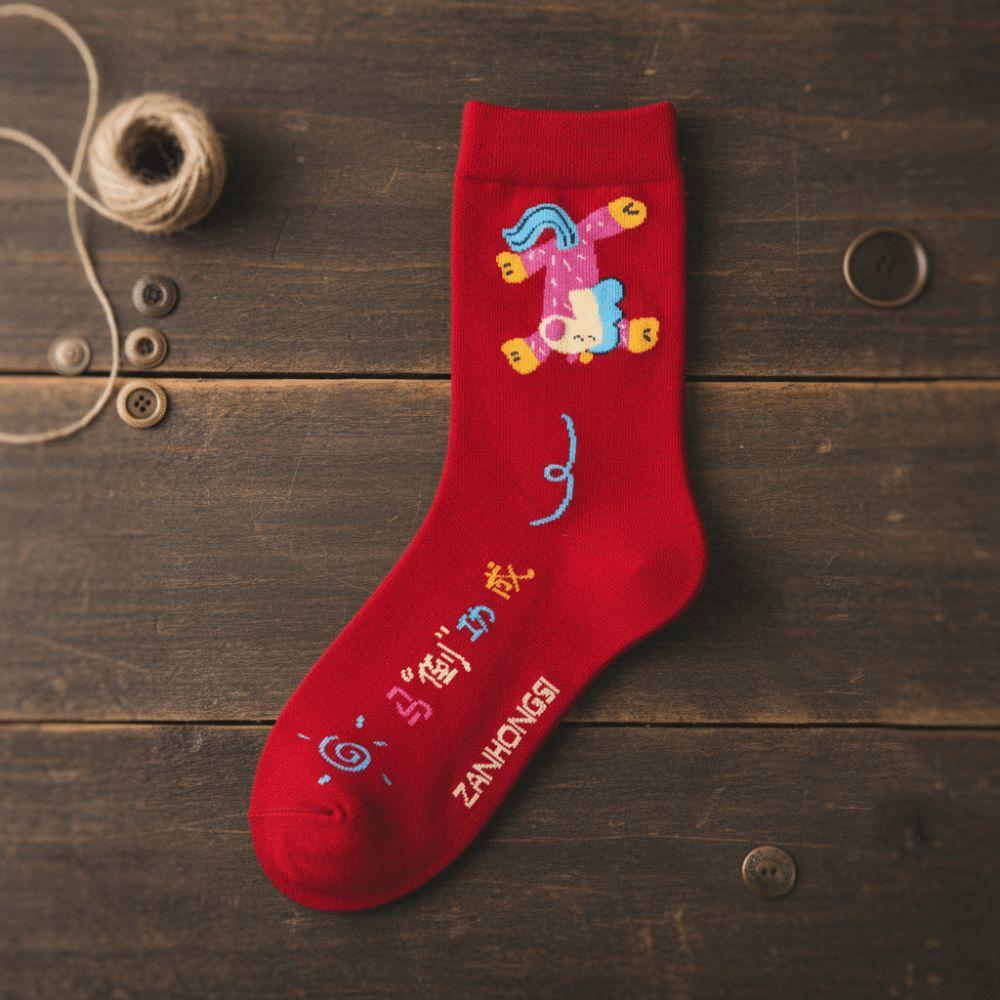 Cartoon Horse Red Socks Cotton Women Horse Tube Socks Breathable New Year Red Socks  Streetwear