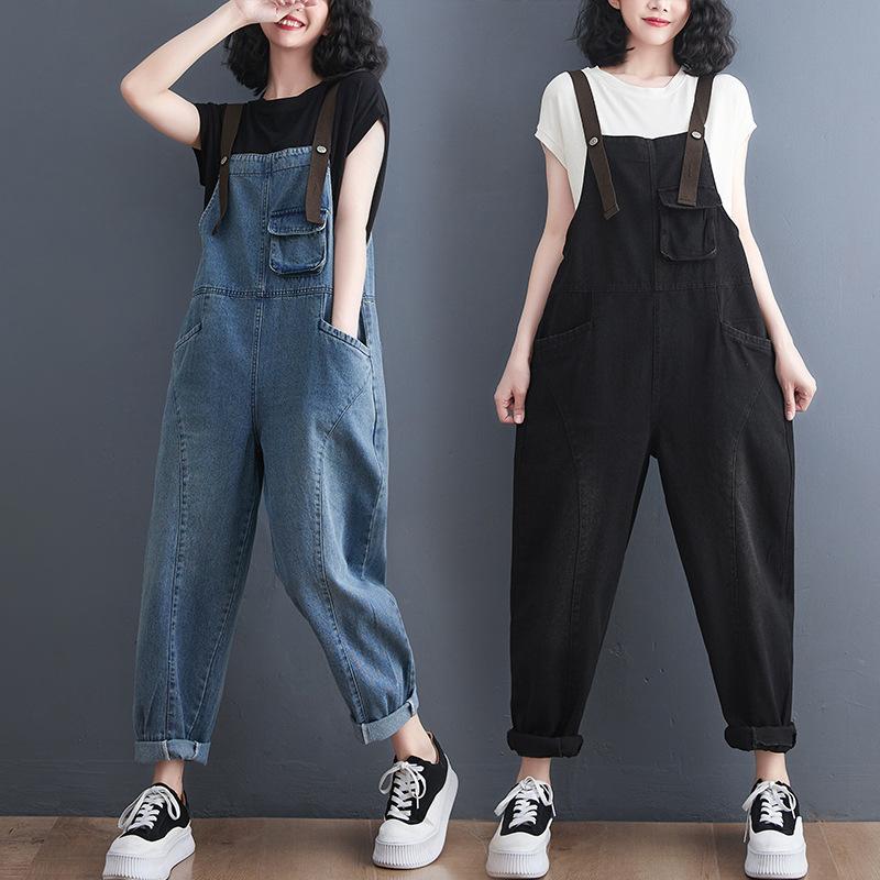 Damskie Ogrodniczki Jeansowe Bez Rękawów Z Okrągłym Dekoltem Luźne Z Wysokim Stanem Codzienne Kombinezony