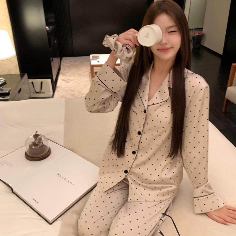 Spring Women Sleepwear Set Autumn Pajama Set Turn Down Collar Faux Silk Satin Long Sleeve Polka Dot Print Female Pijama HomeWear