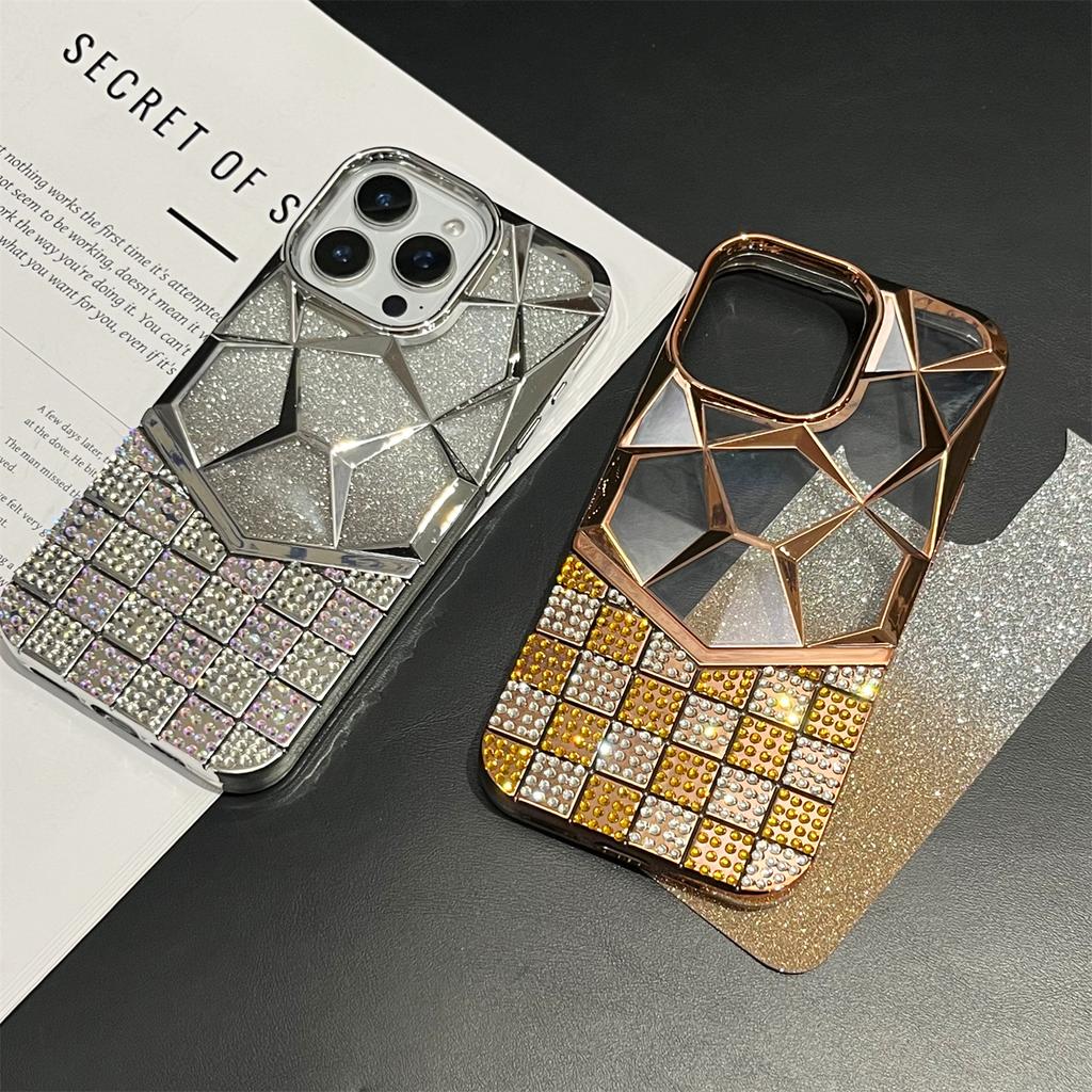 For iPhone 16 Pro Max Case with Glitter Paper Plate Geometric Diamond Pattern Rhinestone Electroplating TPU Phone Cover