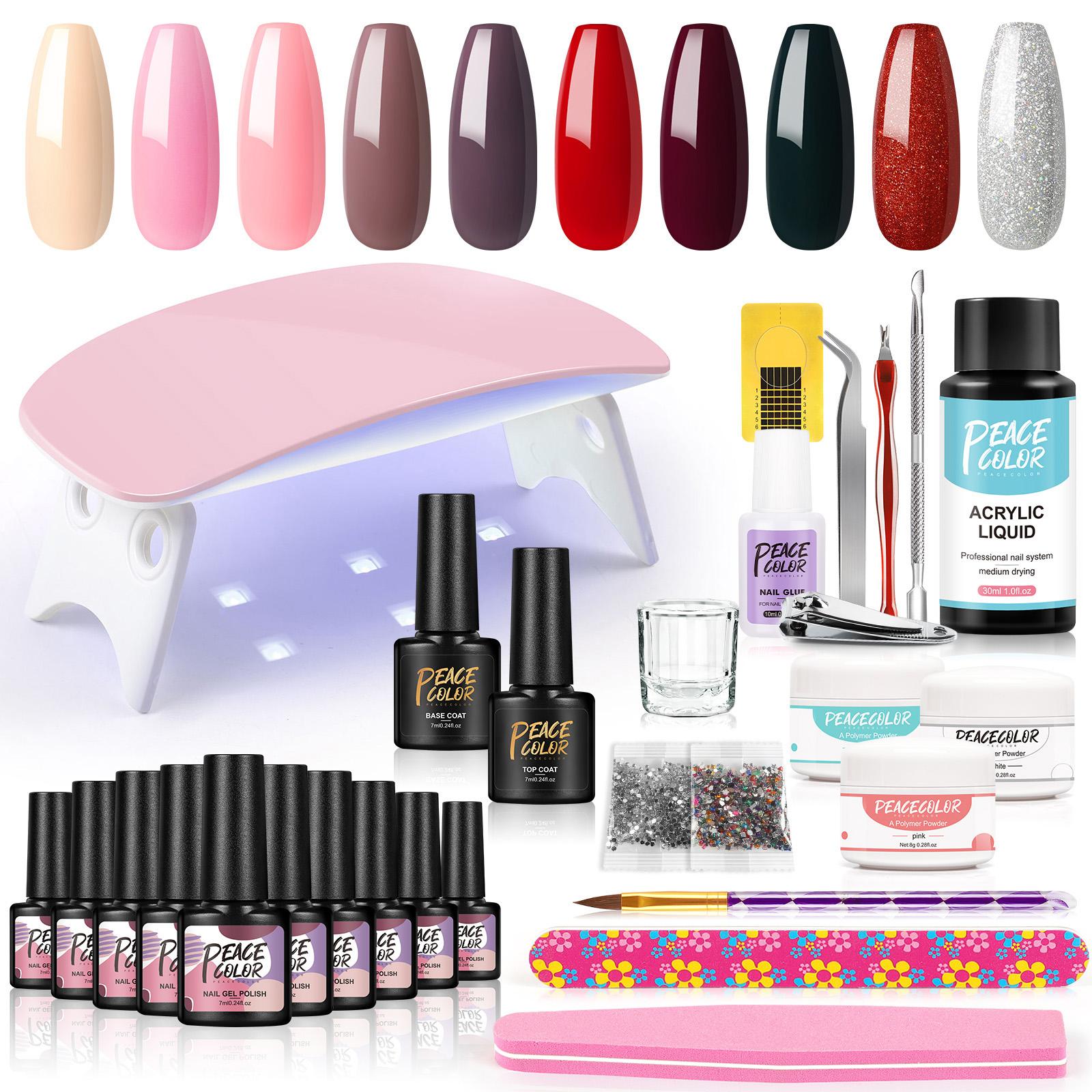 

Набор гелей для ногтей PEACECOLOR с базовым слоем лампы для ногтей мощностью 6 Вт и акриловой пудрой 30 мл акриловой жидкой отделкой ногтей стразами для женщин