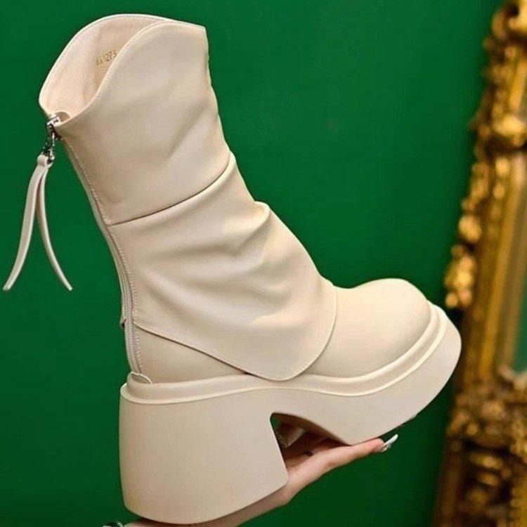 Small Thick-soled Heightening Short Tube Thin Boots Women's New Waterproof Table Thick-heeled Splicing Martin Boots In Autumn and Winter 2025