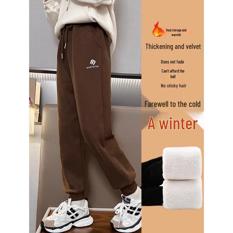 Girls' Fleece-Lined Lambswool Winter Pants: Thick, Warm, One-Piece Casual Wear for Middle and Big Kids