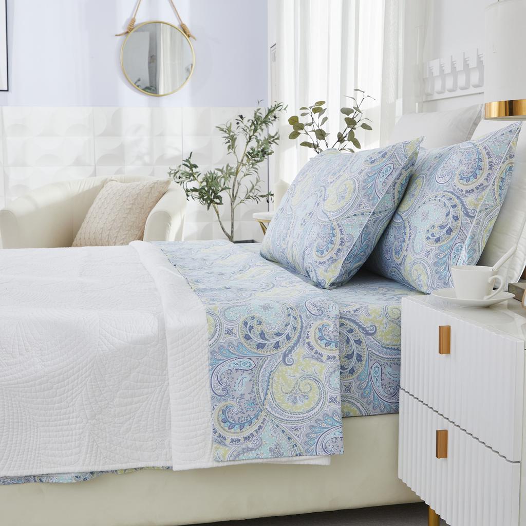 4Pcs 600 Tc 100% Egyptian Cotton Fitted Sheet Set (Without Core), Vintage Classic Blue Damask Paisley, Soft & Skin-Friendly