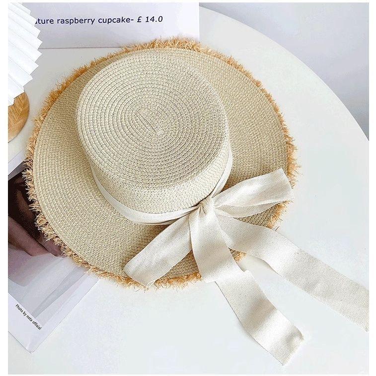 Flat Top Burr Straw Hat Women's Summer Seaside Vacation Beach Sunshade Sunscreen Hat Bow Big Brim Sun Hat