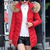 BITCED Winter Coat for Women - Mid-Length Slim-Fit Cotton Jacket with Large Fur Collar and Down-Filled Quilted Design