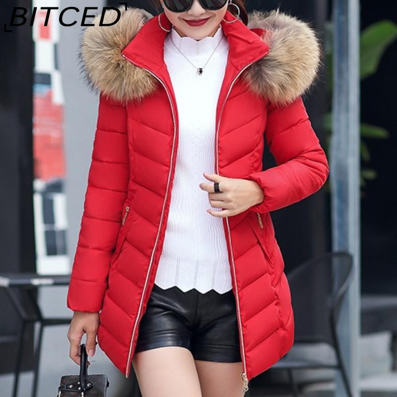 BITCED Winter Coat for Women - Mid-Length Slim-Fit Cotton Jacket with Large Fur Collar and Down-Filled Quilted Design