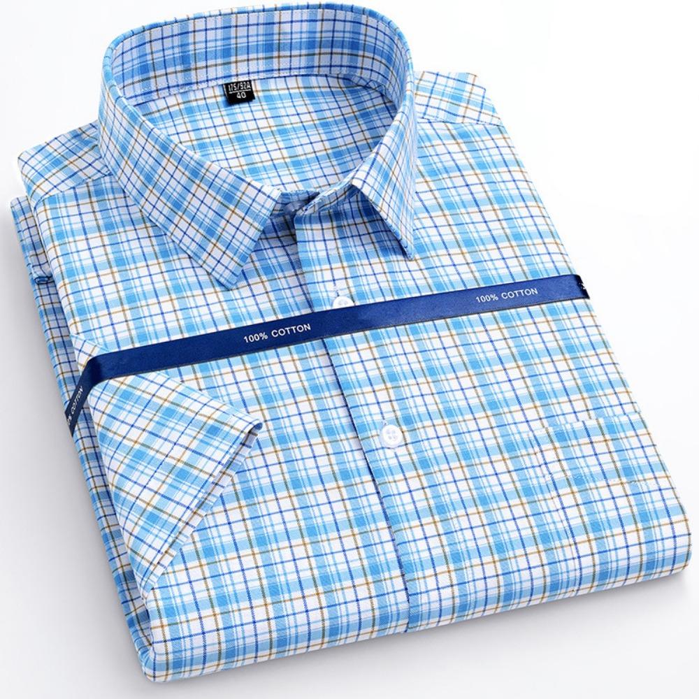 Men's Shirt Short Sleeved Spring Autumn 100% Cotton Shirts Comfortable Breathable Business Casual Stripe Color 38-53