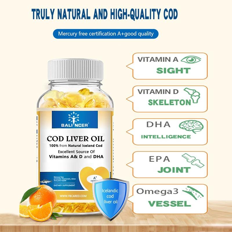Balincer Cod Liver Oil Supplement, Natural Iceland Cod, Excellent Source of Vitamins A & D and DHA, Mercury Free, 120 Caps