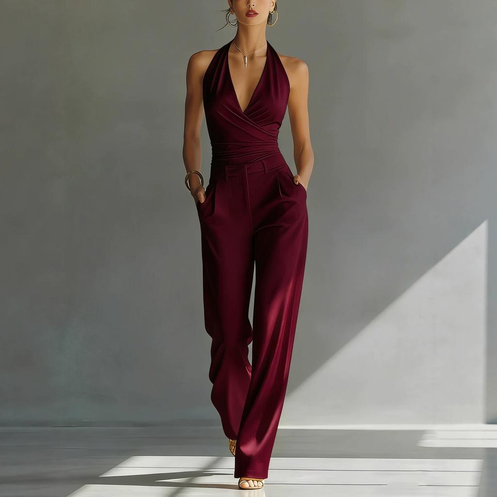 French fabric sling collar top high waist wide slim fit professional leisure solid color suit