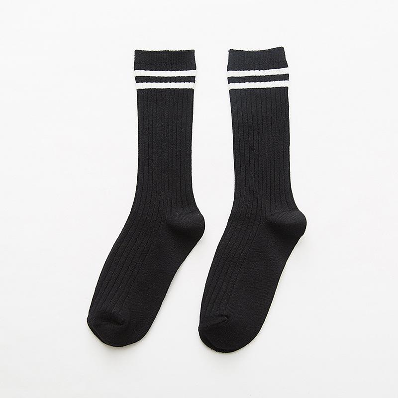 Women's Striped Double Needle Pile Socks: Pure Color, Long Cotton for Autumn/Winter, Trendy & Stylish.