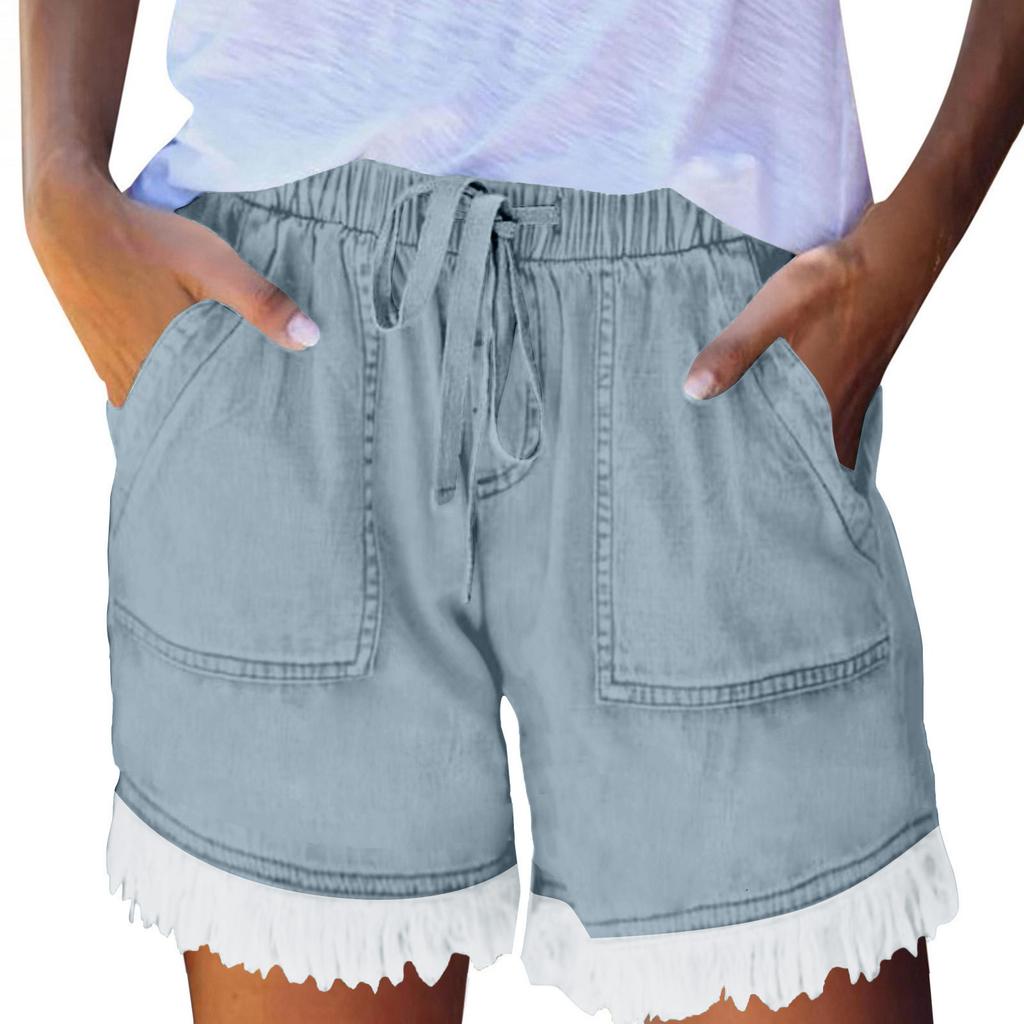Elastic Waist Color Casual Slimming Denim Shorts For Women's Hot Pants