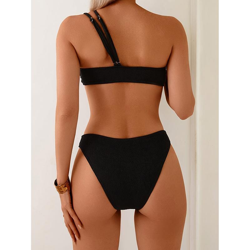Fashionable Ladies Bikini Hollow Design Sexy Solid Color Beach Vacation Swimming Suit Shoulder Strap Triangle Panty Swimwear