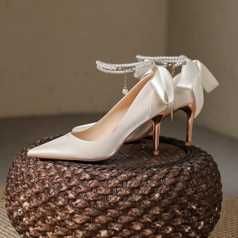 Maogu Satin Rhinestone Crystal Shallow Pumps Stiletto High Heel Luxury Women's Shoe 2025 Spring White Women Bridal Wedding Shoes