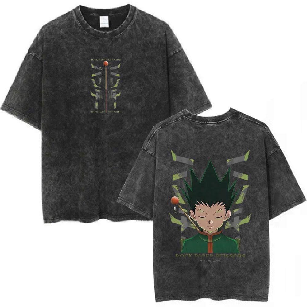 Vintage Washed Anime Hunter X Hunter Shizuku Kurapika Tshirts Mens Women Clothing Fashion Cotton Oversized T Shirts Streetwear