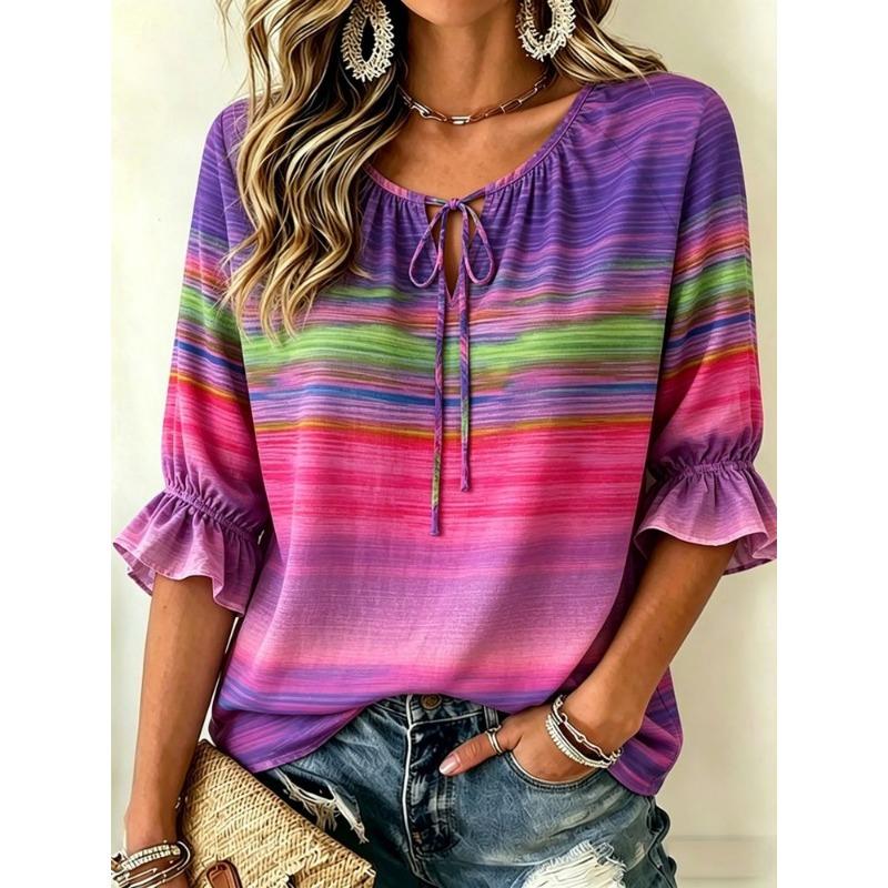 Women's Leopard Chain Floral Patchwork Print Tie Blouse Ruffle Sleeve Elegant Retro Outdoor Top