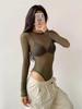 Autumn Women's Slimming Mesh Bodysuit - Sheer Round Neck, Long Sleeve