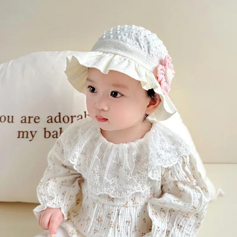 Lace Ruffle Baby Bucket Hats Flower Princess Girl Sunscreen Fisherman Cap Summer Thin Cotton Newborn UV Protection Sun Hat 3-18M