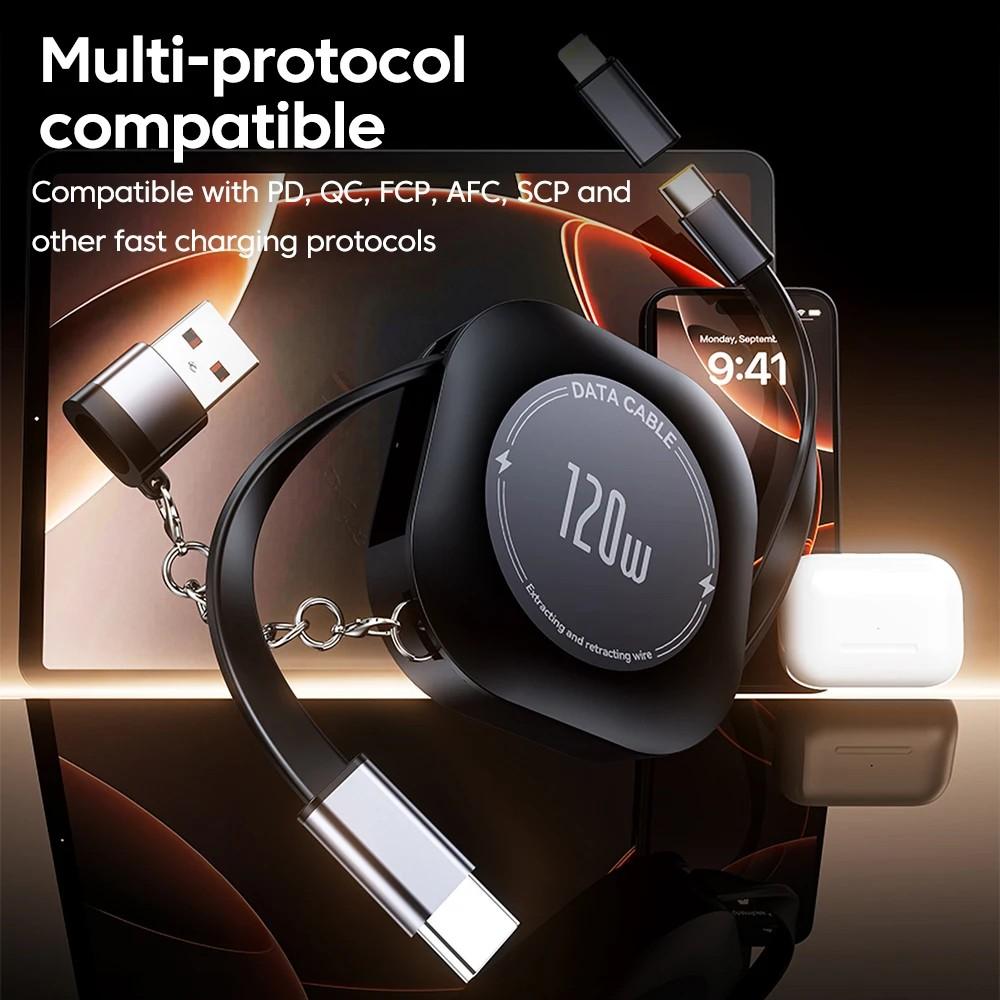 120W Fast Charging Type C to Type C Retractable Cable For iPhone 15 16 USB C Cable with Type C To USB A/Lightning Male Adapter