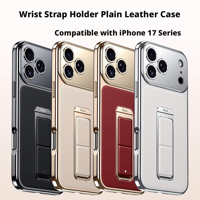 Finger Grip Hand Strap Folding Holder Plain Leather Case For iPhone 17 Pro Max/iPhone 17 Pro/17 Lens Protection Case Cover