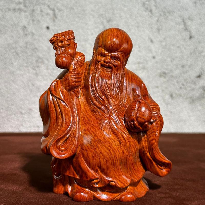 Karin Wood Carving Fulu Shou Ornament - Solid Wood Decor for Longevity Wishes and Birthday Gifts