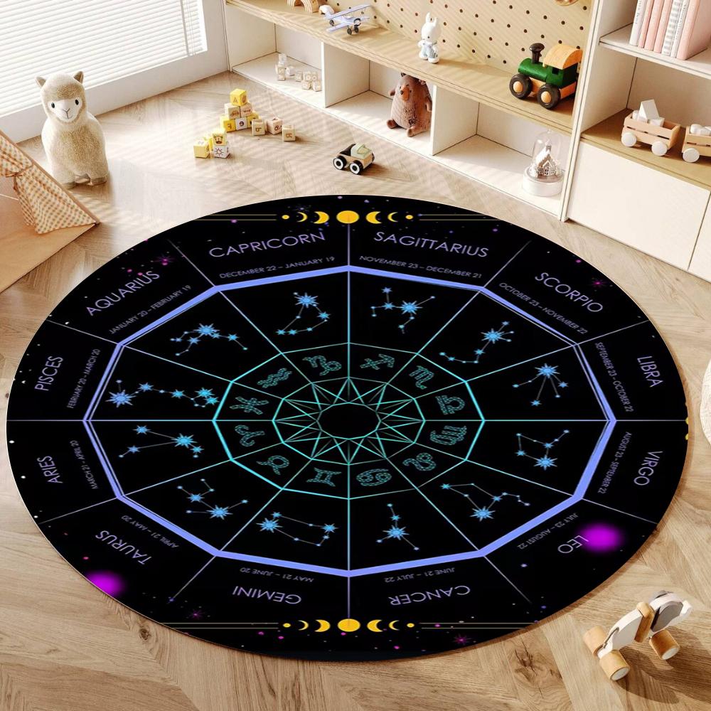 Unique Zodiac Signs Round Carpet Artistic Astrology Pattern Area Rug for Living Room Bedroom Floor Mat Non Slip Home Decor