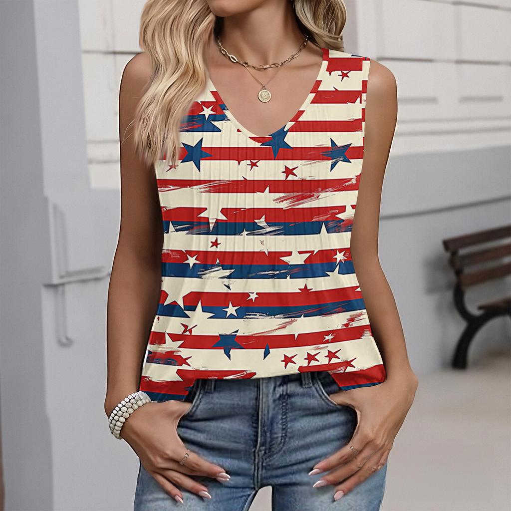 Damenmode Lässig Amerikanische Unabhängigkeitstag Flagge und Sterne Aufdruck V-Ausschnitt Rüschen Ärmellos Weste T-Shirt Top